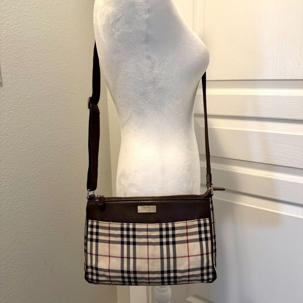 Burberry House Check Crossbody Bag Plaid Canvas Leather Purse Bag